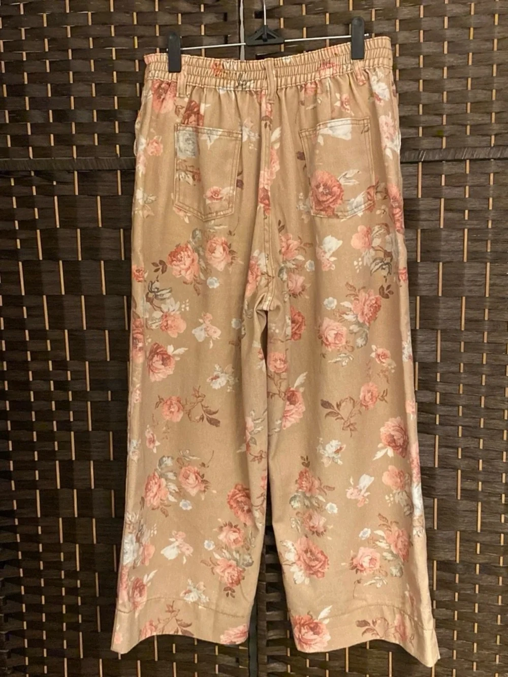 Loveimgs Floral Cropped Jeans in Tan and Pink Ankle-Length Wide Leg Size Large